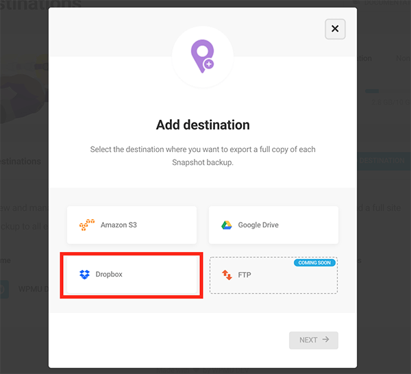 单击以激活 Dropbox 的位置。