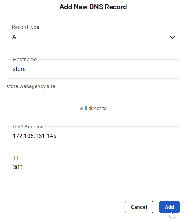 将子域 A 记录添加到您的主站点的 DNS。