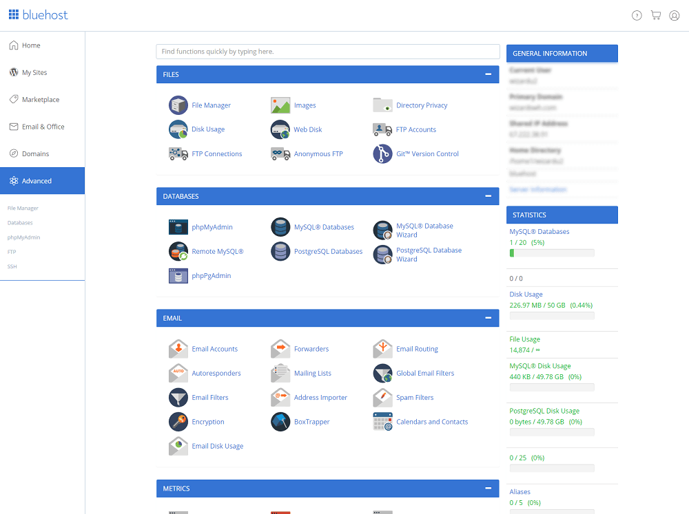 Bluehost - 仪表板