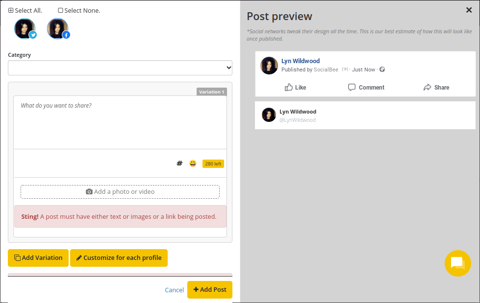 SocialBee - 添加新帖子