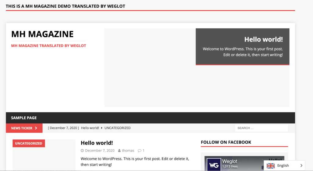 使用 Weglot 翻译您的 MH 杂志 WordPress 主题 - 语言切换器