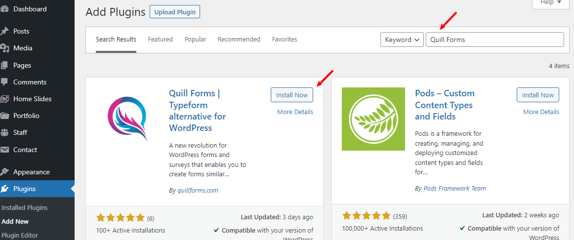 安装 quill forms wordpress 插件