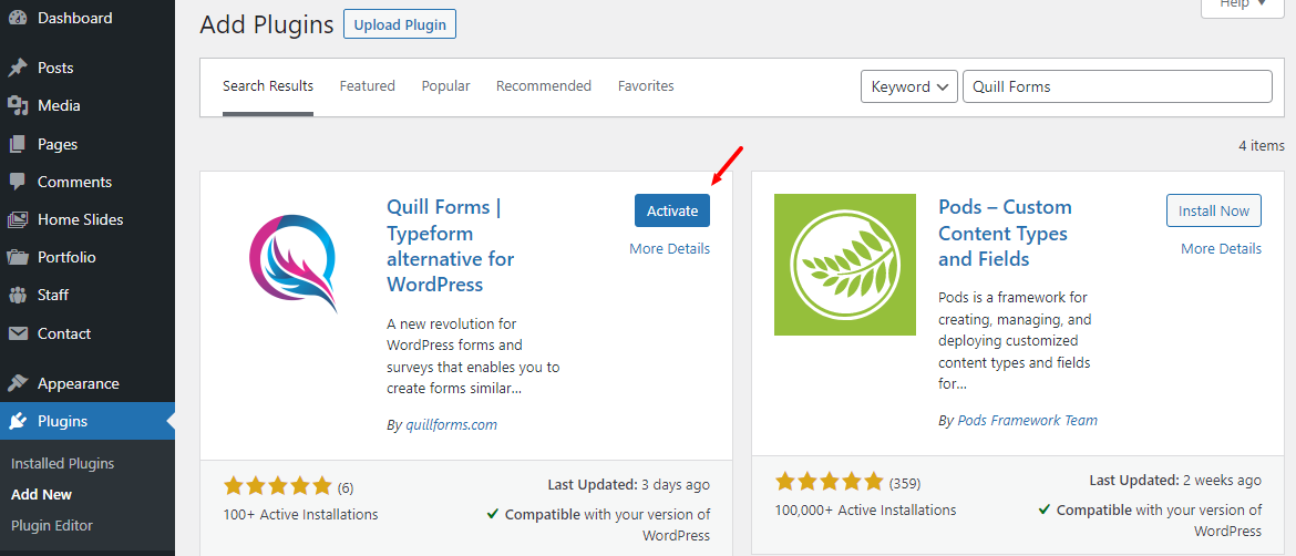 激活 quill forms wordpress 插件
