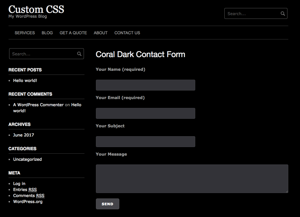 Contact Form 7 继承了深色表单字段和带有来自 Coral Dark 主题的浅色标签的按钮