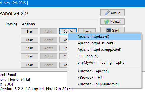 XAMPP 控制面板，选择 Config，然后选择 Apache httpd.conf