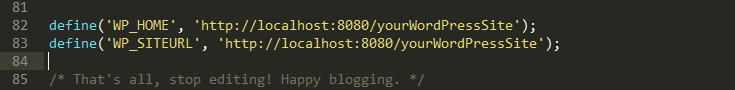 在 wp-config 中将您的站点和主页 url 定义为 localhost:8080
