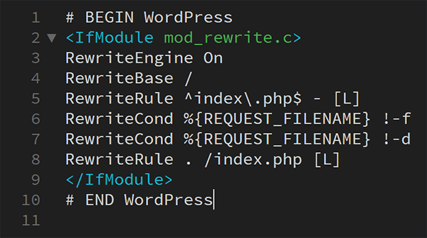 WordPress 中 .htaccess 文件的屏幕截图