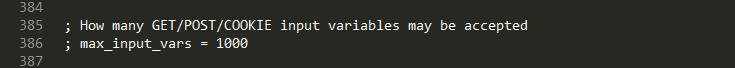 显示 max_input_vars 定义的 php.ini 屏幕截图
