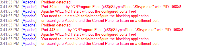 来自 XAMPP 控制面板的消息让我们知道 Skype 正在使用端口 443 和 80