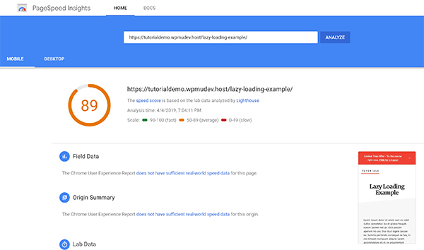 截图 89 Google Pagespeed Score 延迟加载示例