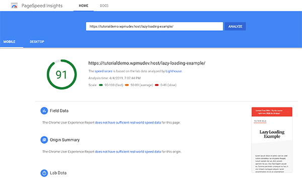 截图 91 Google Pagespeed Score 延迟加载示例