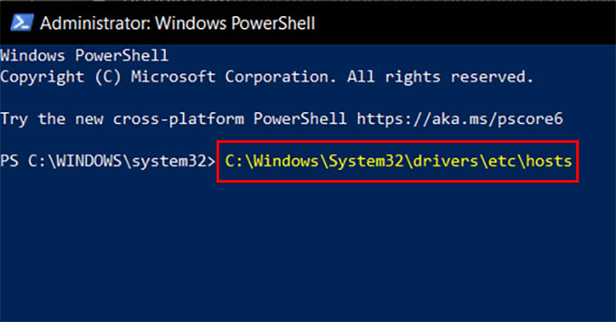 Windows PowerShell 上的主机文件打开命令