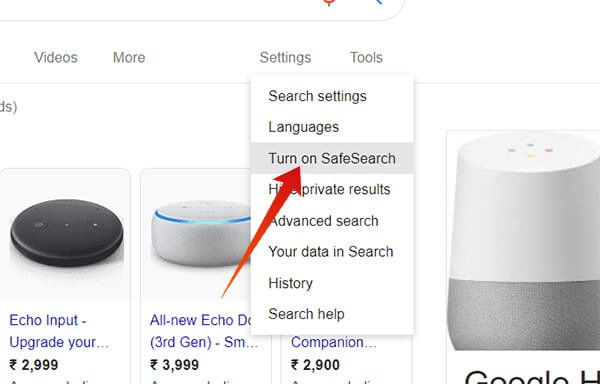 从搜索结果页面打开 Google 安全搜索