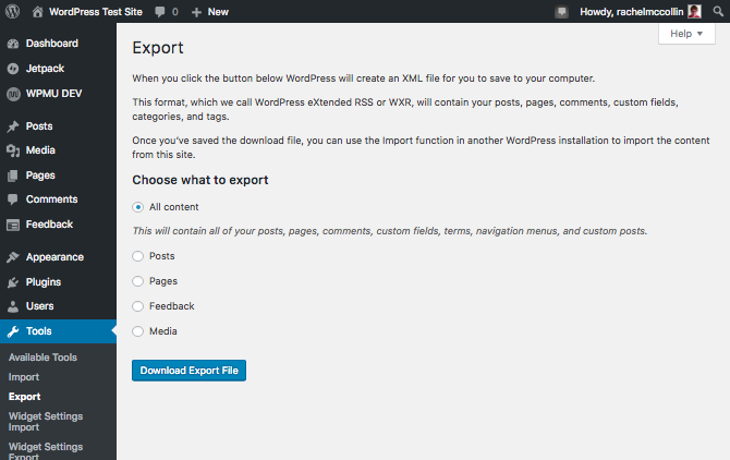 WordPress 导出器屏幕