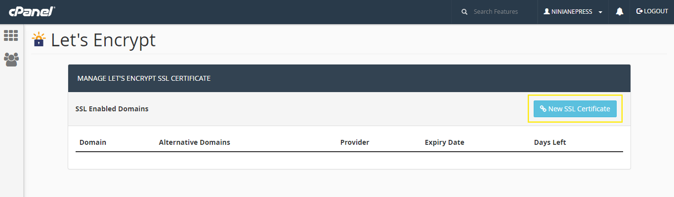 Let's Encrypt Manager cPanel 插件页面。