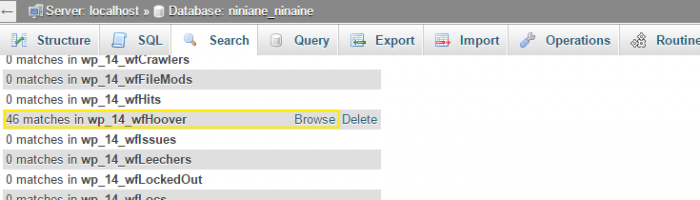 phpMyAdmin 中的搜索结果页面，每个表的左侧列出了匹配的数量