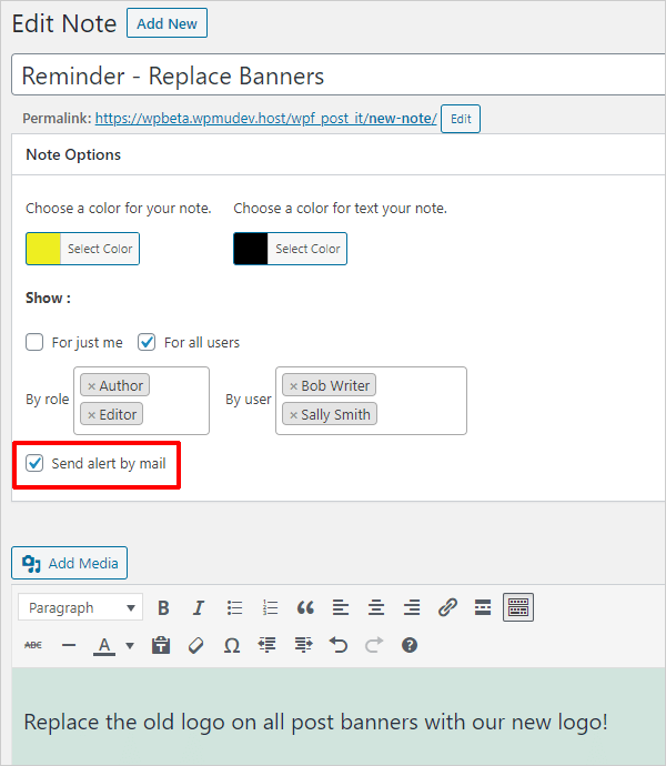 WP Dash Notes - 编辑笔记屏幕。