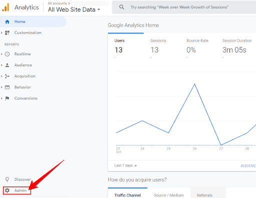 Google Analytics（分析）仪表板的管理区域