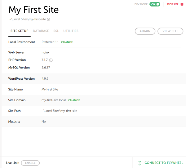 Flywheel 在 Local 中的站点设置选项卡