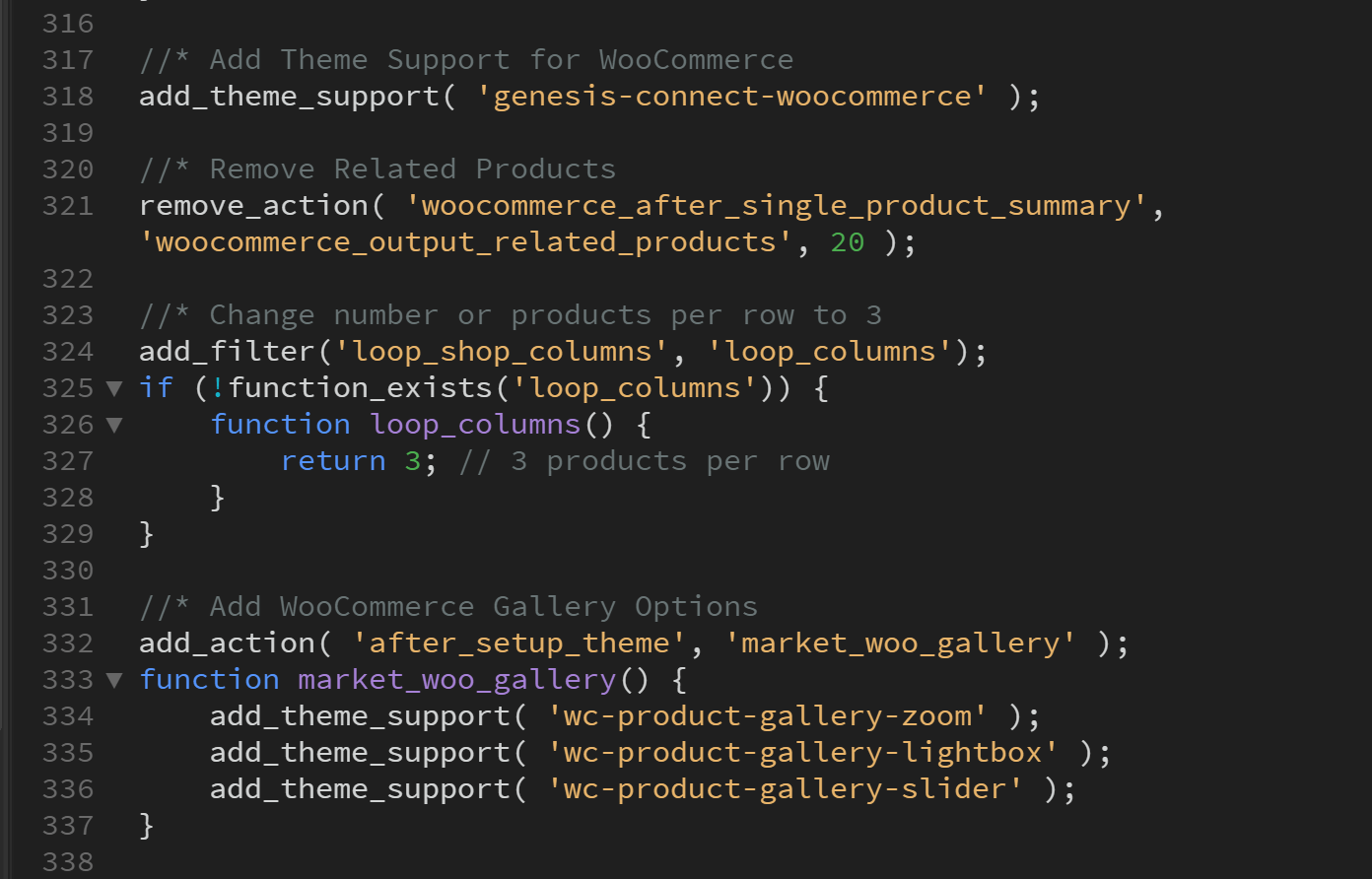 带有 Woocommerce 功能的 WordPress 功能文件代码的屏幕截图