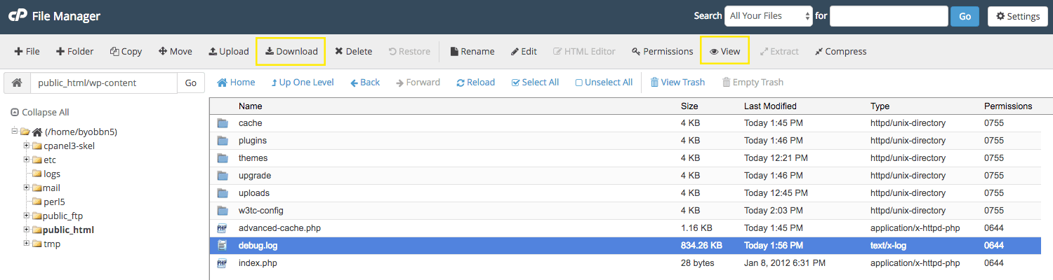 cPanel 文件管理器中的 wp-content 文件夹。