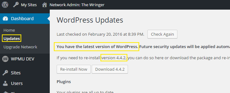 带有指示 WordPress 是最新消息的更新页面。