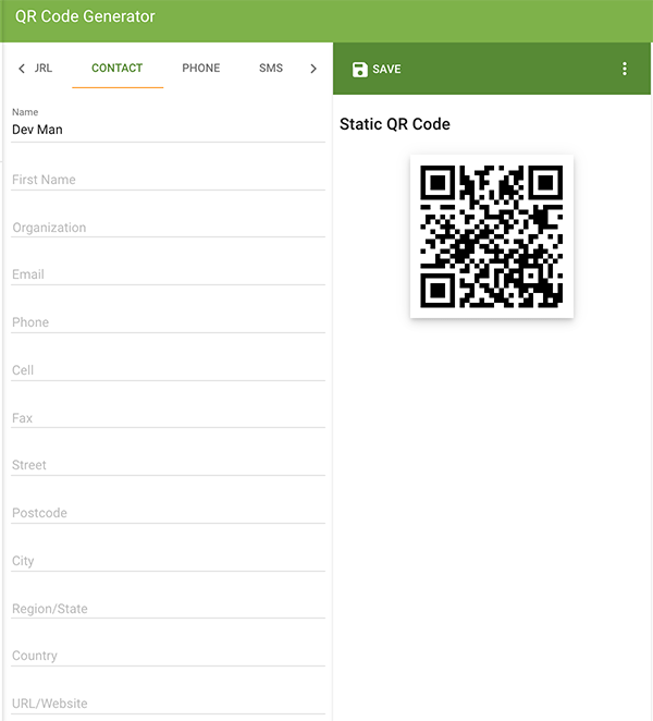 您可以为 QR 码创建的联系表单示例。