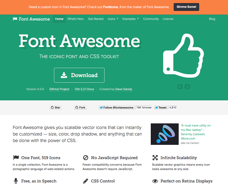 Font Awesome - 标志性的字体和 CSS 工具包。 网站主页。