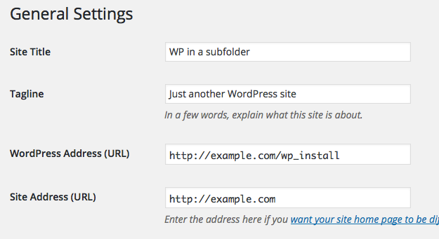 您可以在 WordPress 安装后端的常规设置中为站点地址字段设置自定义值。