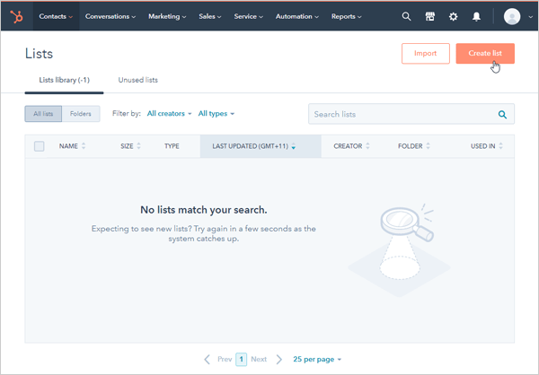 HubSpot 创建列表屏幕。