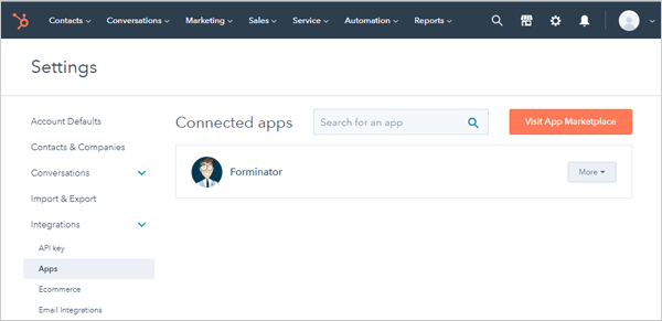 HubSpot 集成屏幕。