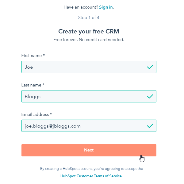 HubSpot 帐户设置表格。