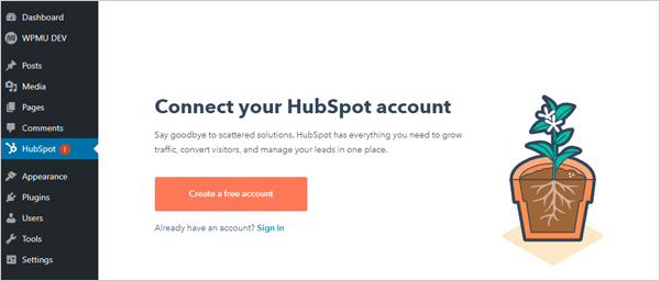 WordPress 仪表板内的 HubsSpot 帐户登录和设置屏幕。