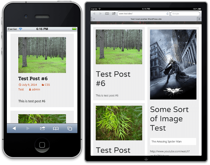 iPhone（1 列）和 iPad 纵向模式下砌体布局的屏幕截图（2 列）
