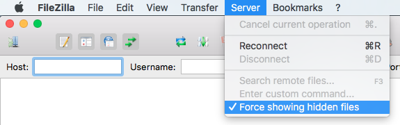 在 FileZilla 中，您可以从服务器菜单强制显示隐藏文件。