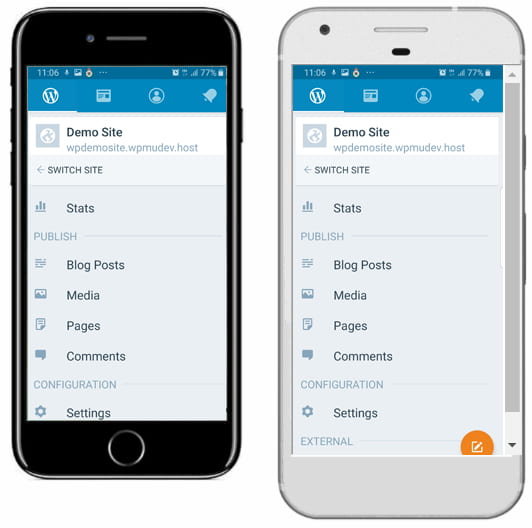 iPhone 和 Google 像素手机上显示的 WordPress 移动应用程序屏幕。