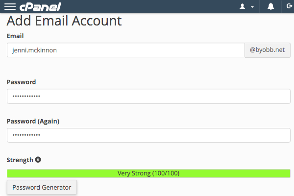 cPanel 中的添加电子邮件帐户页面。