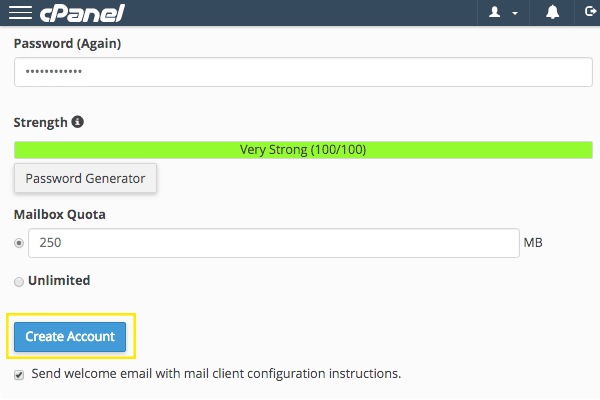 cPanel 添加电子邮件帐户页面。  “创建帐户”按钮突出显示。