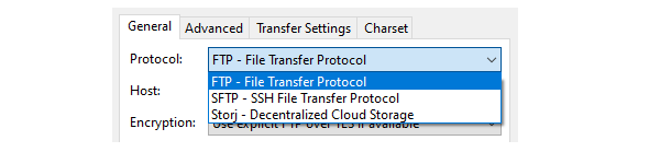 FileZilla 的屏幕截图显示了如何从 SFTP 切换到 FTP。