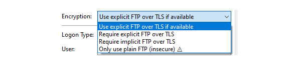 FileZilla 的屏幕截图显示了不同的加密方法。