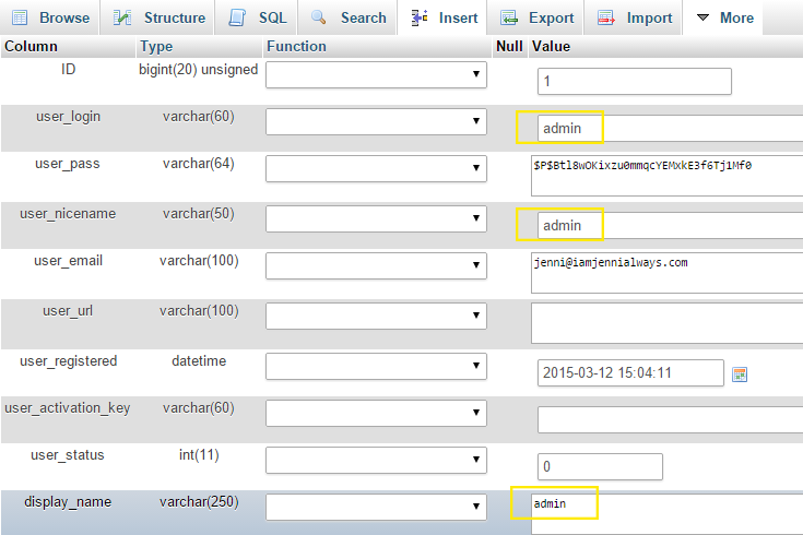 名称“admin”在三个选项中突出显示：“user_login”、“user_nickname”和“display_name”。 