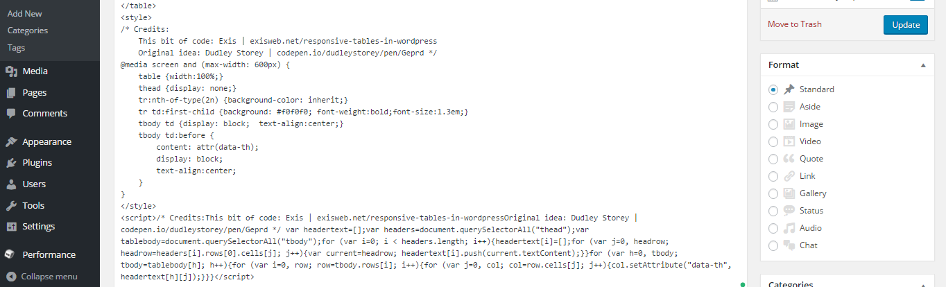 带有 css 和缩小的 javascript 的 wordpress 帖子编辑器的屏幕截图添加到帖子末尾。