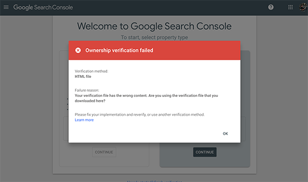 Google Search Console 中的未验证屏幕。