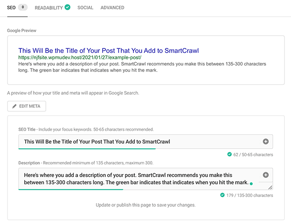 SmartCrawl 中的 SEO 标题和描述。