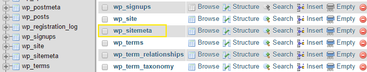 “wp_sitemeta”表在多站点的数据库列表中突出显示。