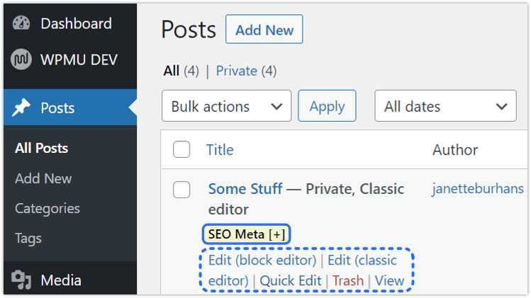 页面帖子列表菜单中的 SEO Meta