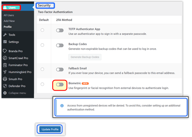 用户角色安全，启用生物识别