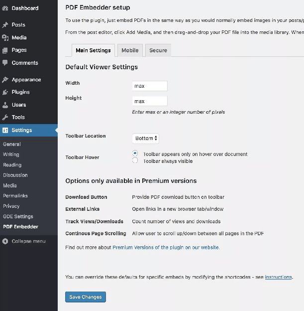 PDF 嵌入器设置