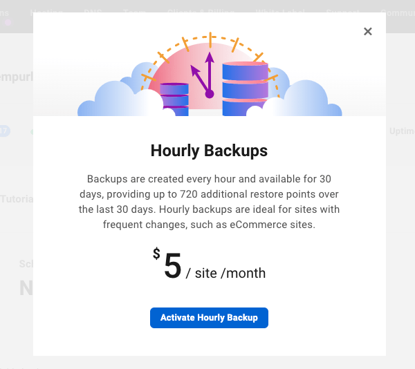 可以激活每小时托管 WordPress 备份的弹出窗口示例