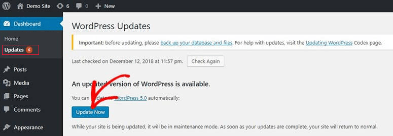 从仪表板更新WordPress 核心